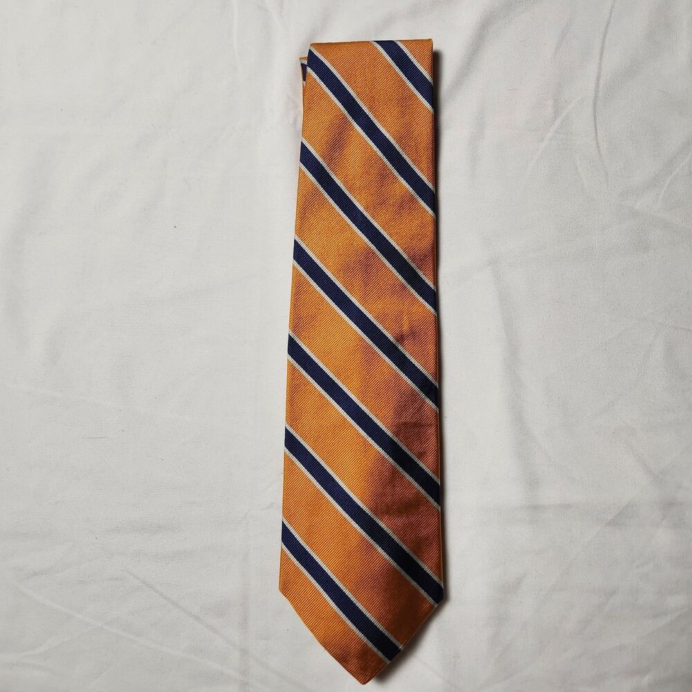 Brooks Brothers Mens Makers All Silk Striped Tie Orange Blue White USA 56.5"